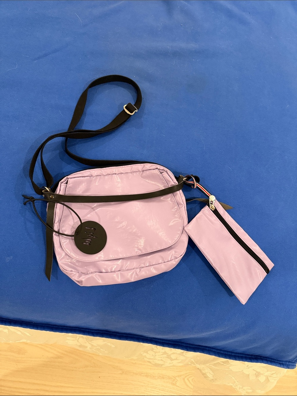 Lilac Crossbody Bag with Removable Pouch and Adjustable Black Strap